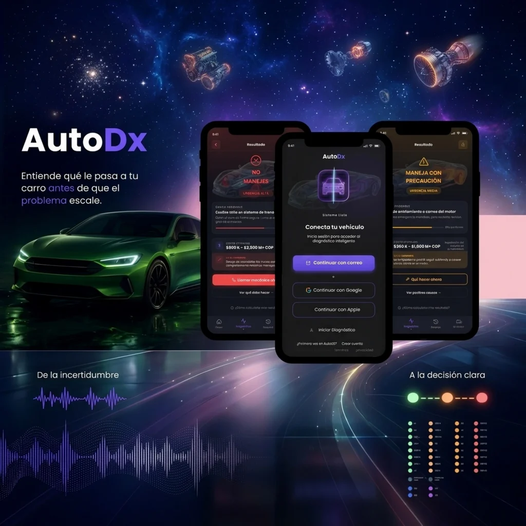 Mockup de la app Auto DX mostrando tres pantallas: inicio de sesión, diagnóstico del vehículo y resultados con niveles de urgencia, junto al eslogan "Entiende qué le pasa a tu carro antes de que el problema escale"