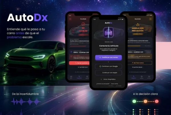 Mockup de la app Auto DX mostrando tres pantallas: inicio de sesión, diagnóstico del vehículo y resultados con niveles de urgencia, junto al eslogan "Entiende qué le pasa a tu carro antes de que el problema escale"