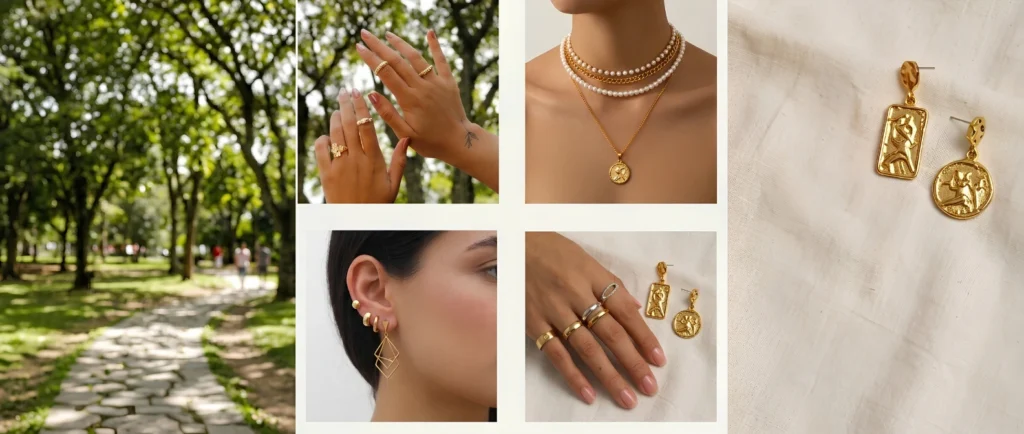 Collage de accesorios de la marca Kairos: anillos, collares con dijes, aretes y topos en tonos dorados, parte del diseño web del proyecto
