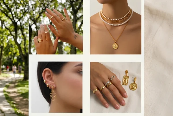 Collage de accesorios de la marca Kairos: anillos, collares con dijes, aretes y topos en tonos dorados, parte del diseño web del proyecto