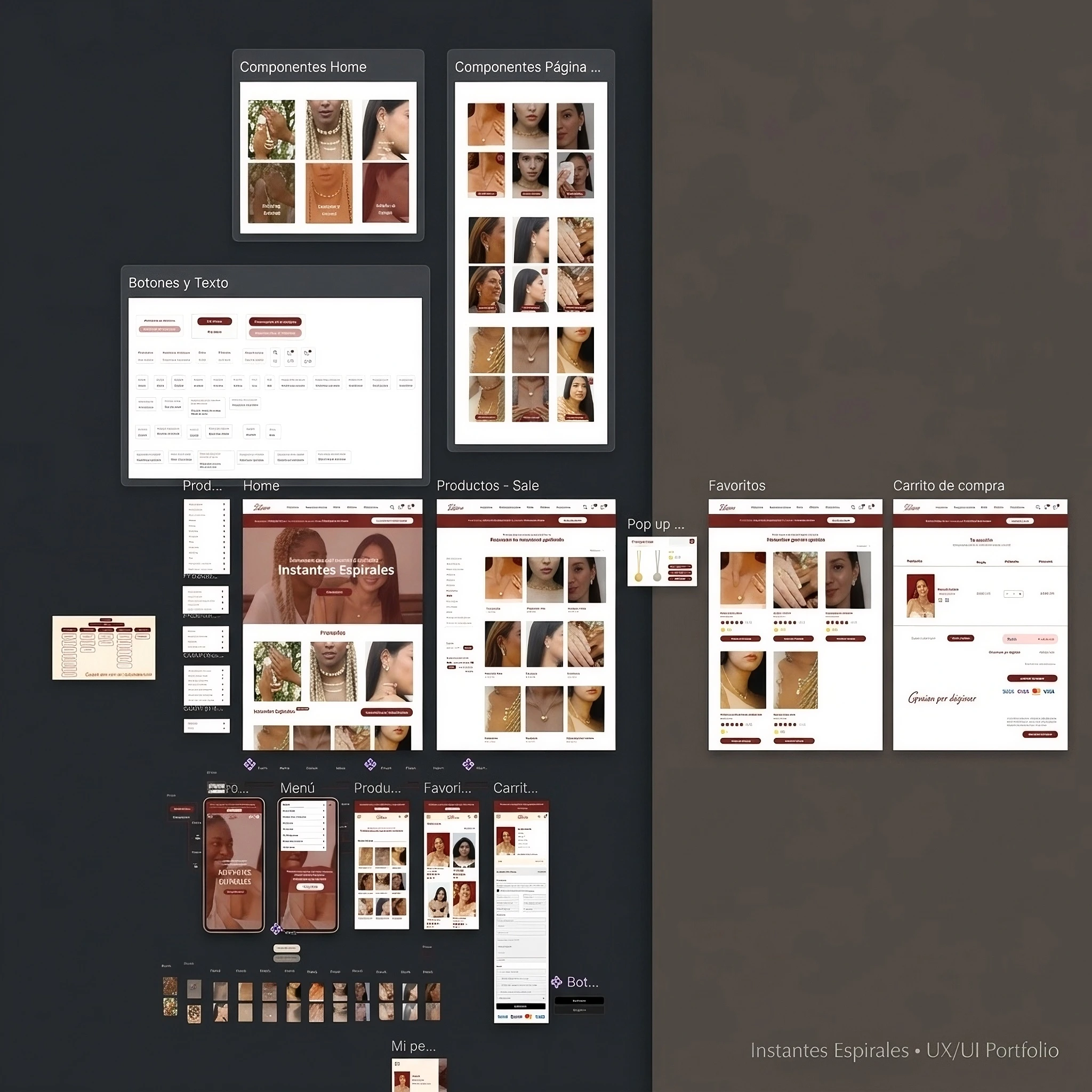 Diseño completo del sitio web de Kairos en Figma: sistema de componentes, botones y las pantallas de inicio, productos, favoritos y carrito de compra para la marca de accesorios