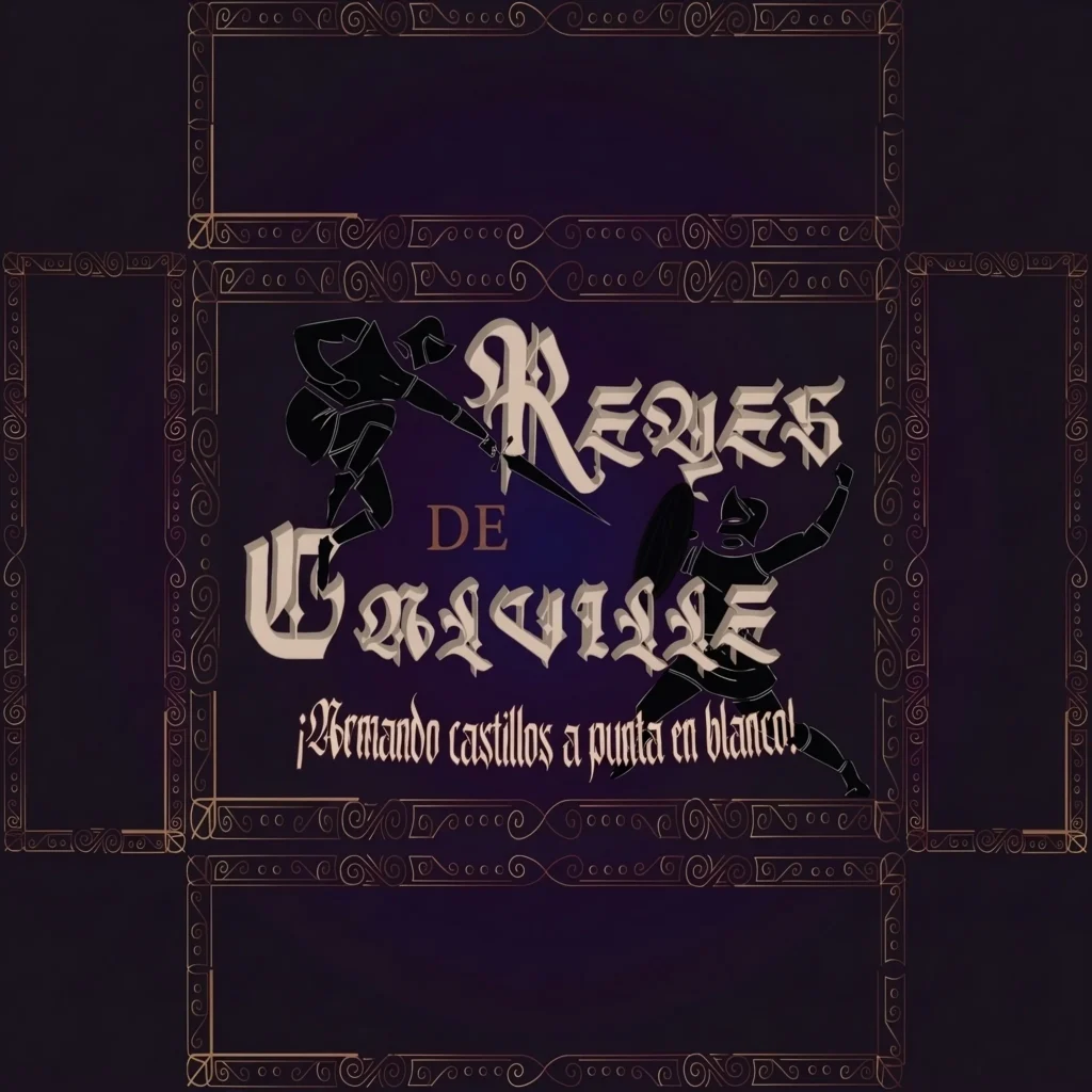 Portada del juego de cartas Reyes de Calville, con dos caballeros en combate, tipografía medieval y el lema "¡Armando castillos a punta en blanco!"