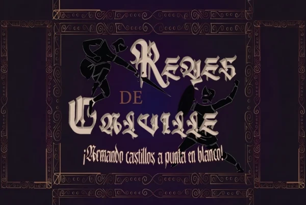 Portada del juego de cartas Reyes de Calville, con dos caballeros en combate, tipografía medieval y el lema "¡Armando castillos a punta en blanco!"