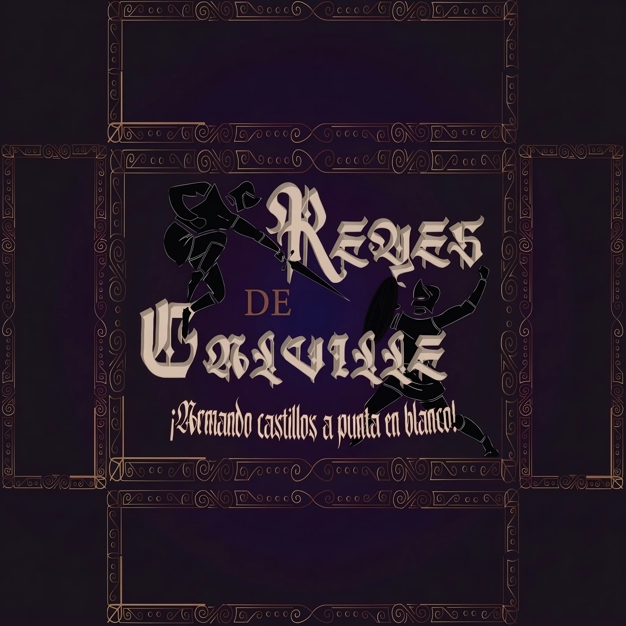 Portada del juego de cartas Reyes de Calville, con dos caballeros en combate, tipografía medieval y el lema "¡Armando castillos a punta en blanco!"