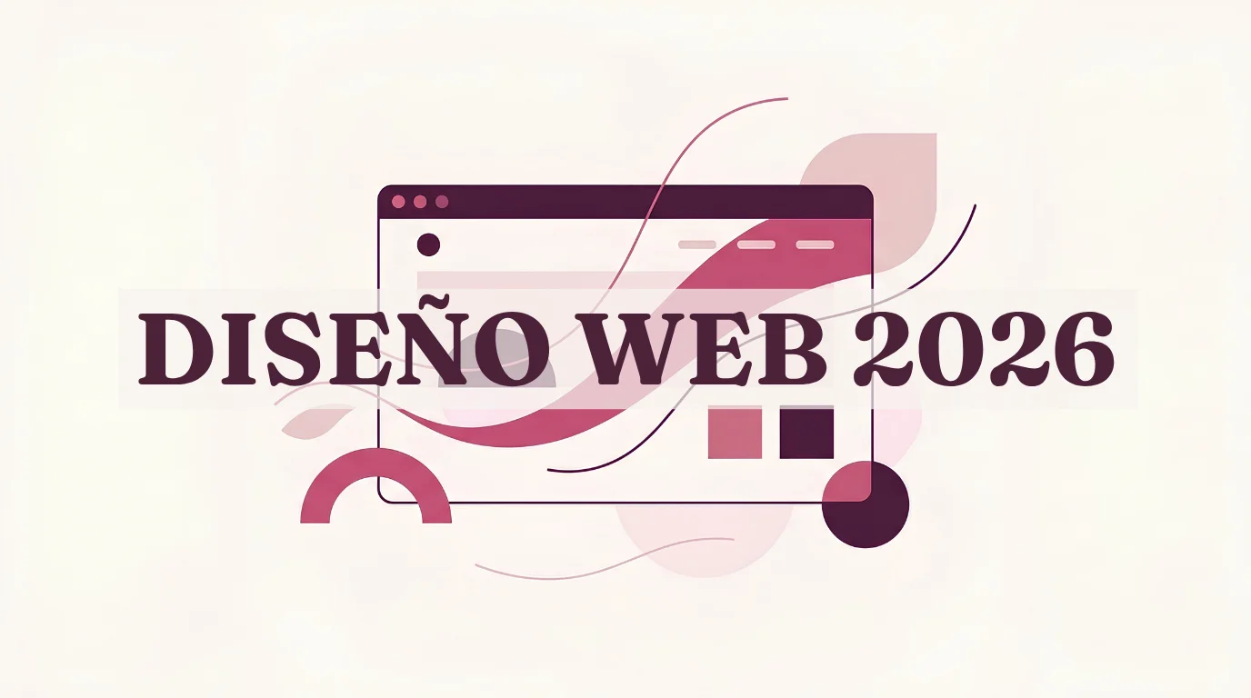 Ilustración de tendencias de diseño web 2026 con una ventana de navegador minimalista y el texto "Diseño web 2026" en tonos rosa y ciruela