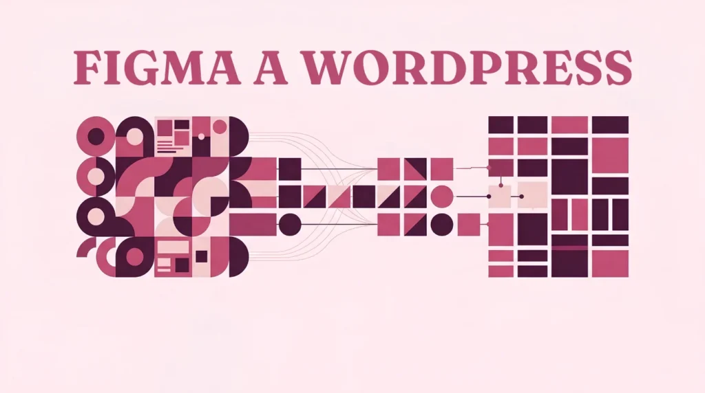 Ilustración conceptual sobre cómo pasar un diseño de Figma a WordPress, con el texto "Figma a WordPress" y formas geométricas en tonos rosa y ciruela