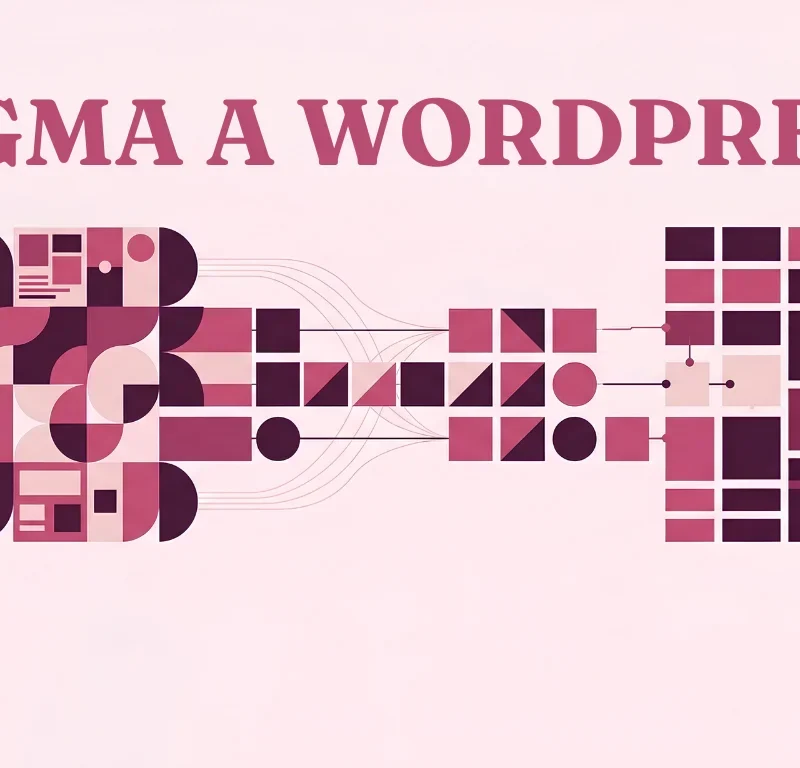 Ilustración conceptual sobre cómo pasar un diseño de Figma a WordPress, con el texto "Figma a WordPress" y formas geométricas en tonos rosa y ciruela
