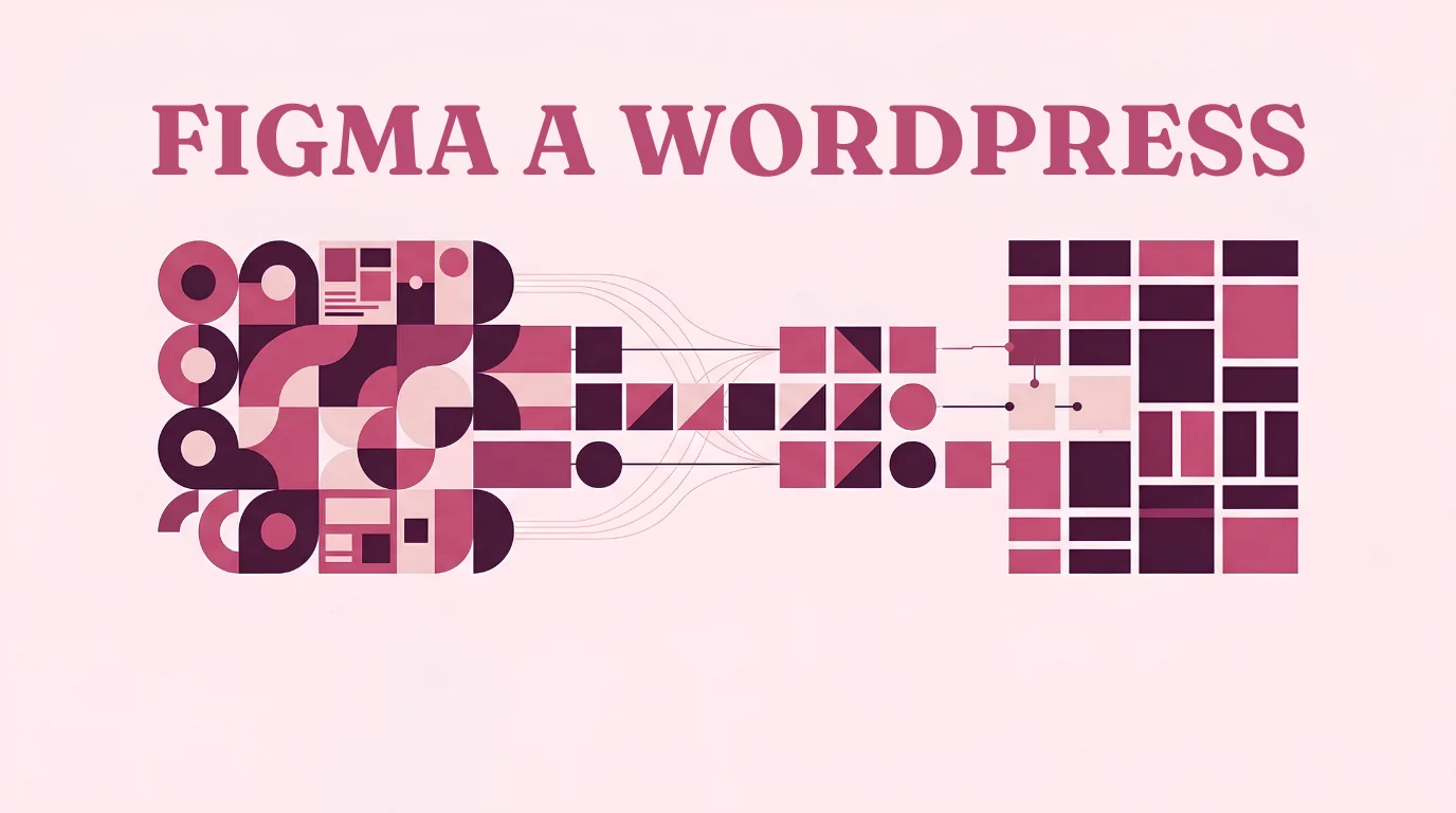 Ilustración conceptual sobre cómo pasar un diseño de Figma a WordPress, con el texto "Figma a WordPress" y formas geométricas en tonos rosa y ciruela