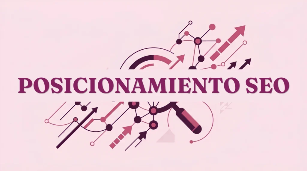 Ilustración sobre posicionamiento SEO 2026 con una lupa, flechas de crecimiento y nodos conectados, con el texto "Posicionamiento SEO" en tonos rosa y ciruela
