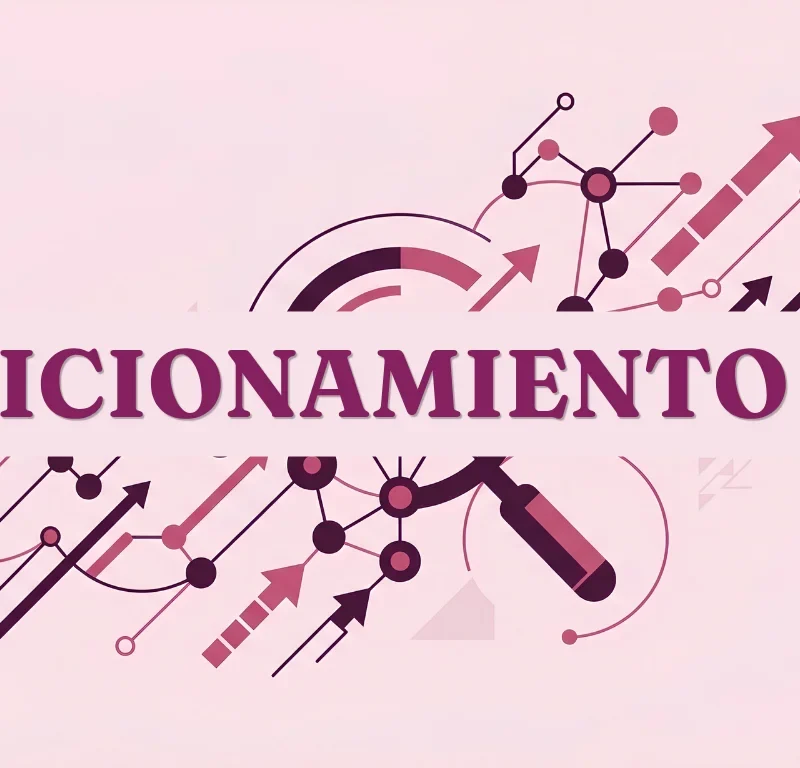 Ilustración sobre posicionamiento SEO 2026 con una lupa, flechas de crecimiento y nodos conectados, con el texto "Posicionamiento SEO" en tonos rosa y ciruela