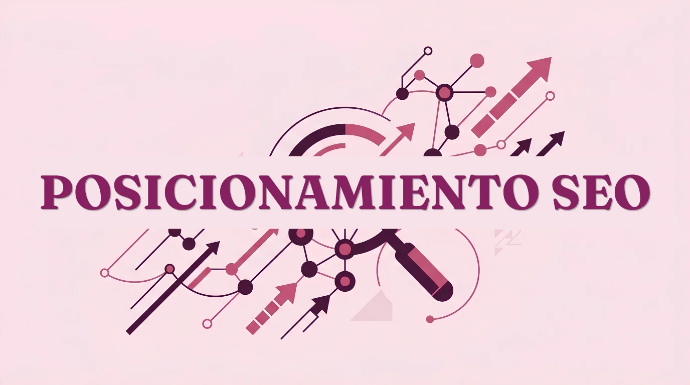 Ilustración sobre posicionamiento SEO 2026 con una lupa, flechas de crecimiento y nodos conectados, con el texto "Posicionamiento SEO" en tonos rosa y ciruela
